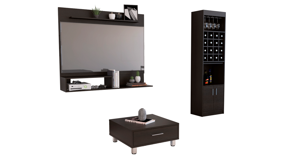 Panel TV + Bar Kava + Mesa de Centro Color Wengue Para Sala De Estar